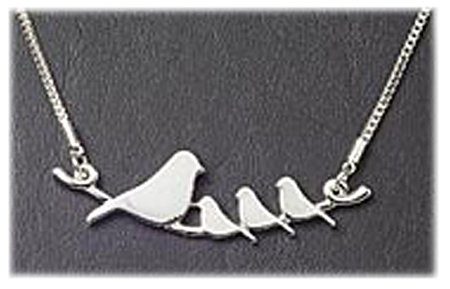 Mother and Baby Birds on a Branch Silver Pendant Necklace